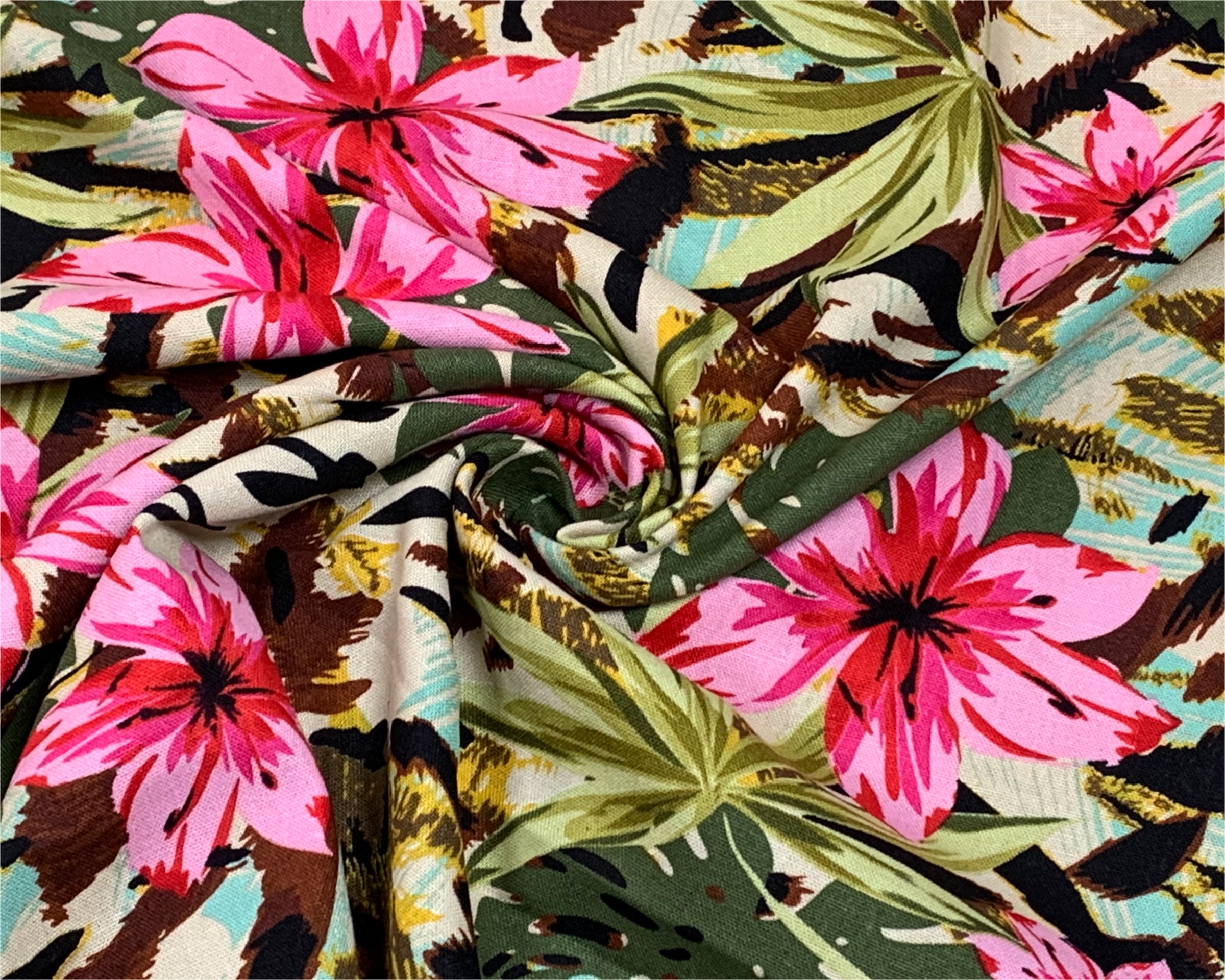 100% Linnen Stof Safari Jungle Flowers Print Multi -